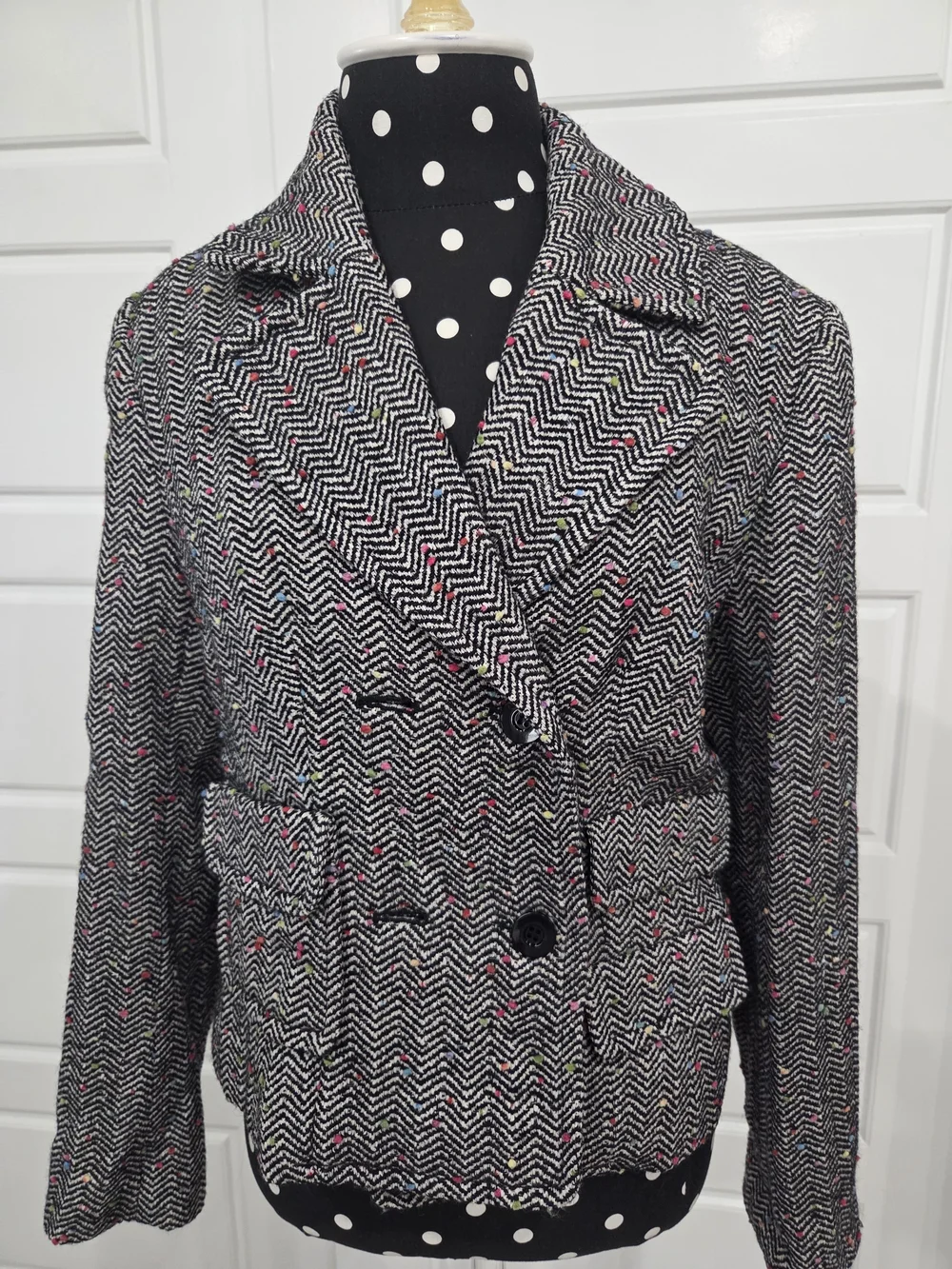 Worth Women's Vintage Black & White Chevron Tweed Double-Breasted Blazer Size M